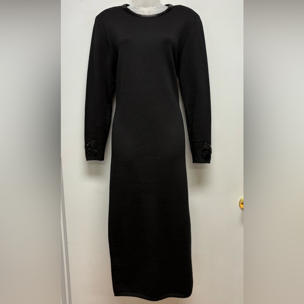 Vintage Cathy Hardwick Black Wool Knit Beaded Midi Dress – Size Small